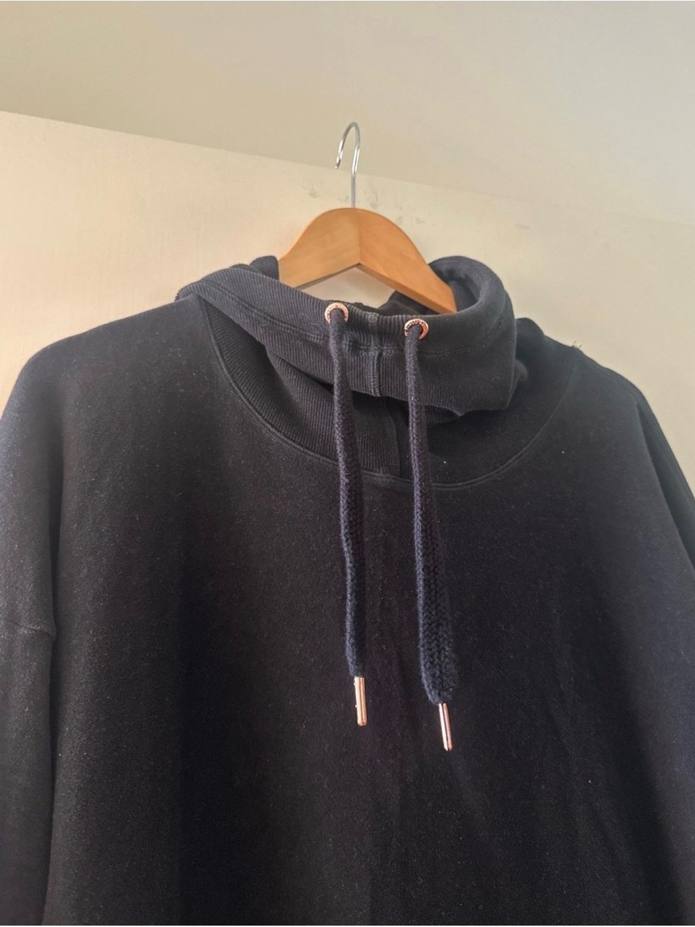 Sweaty Betty Black Funnel-Neck Hoodie with Rose Gold Accents
